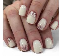 Ceboic 24Pcs Press on Nails Short, Acrylic Full Cover French Tip False Nails, Square Milk White Fake Nails, Solid Color Stick on Nail with Glitter Sequins Designs for Women and Girls DIY Manicure