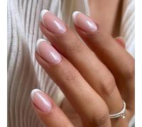 Ceboic 24Pcs Press on Nails Short Oval, Glitter Nude Pink French White Tip False Nails Removable Almond Fake Nails, Full Cover Acrylic Stick on Nail with Glue Stickers for Women Girls Nail Art