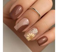 Ceboic 24Pcs Press on Nails Short Square, Brown Daisy French False Nails with Design, Glitter Glossy Acrylic Fake Nails, Natural Removable Stick on Nail with Adhesive Tabs for Women Girls Daily Wear