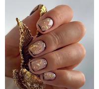 Ceboic 24Pcs Press on Nails Short Square, Glossy Ballerina French Tip False Nails, Full Cover Acrylic Stick on Nails with Gold Glitter Designs for Women and Girls Nail Art - Black Border