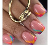 Ceboic 24Pcs Short Fake Nails Square, French Tips Press on Nails in 12 Sizes, Glossy Stick on Nail with Colourful Edge Pattern, Natural & Reusable Full Cover False Nail for Women Girls Daily Wear