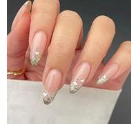 Ceboic 24PCS Short False Nails Almond, French Tip Gold Glitter Press on Designs, Glossy Removable Glue-on Fake Set with Glue Stickers, Acrylic Full Cover Stick for Women Girls, 1.0 millilitre
