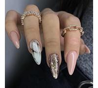 Ceboic 24PCS Short False Nails Almond, French Tip Marble & Glitter Press on Designs, Glossy Removable Glue-on Fake Set with Glue Stickers, Shiny Full Cover Stick for Women Girls, Pack of 1