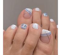 Ceboic 24Pcs Short False Toenails, Square French Fake Toe Nails, Acrylic Full Cover Stick on Toe Nails with Glitter Lines, Reusable Blue White Press on Toenails for Women and Girls Daily Decorations