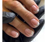 Ceboic 24Pcs Short French False Nails, Square Nude Ballerina Press on Nails with Glue Stickers, Acrylic Full Cover Fake Nails Removable Stick on Nail for Women and Girls - White Border