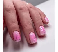 Ceboic 24Pcs Short Press on Nails, Square Ballerina French Tip Fake Nails, Natural Glossy False Nails, Gradient Acrylic Full Cover Manicure Kit with Crack Design for Women and Girls - Pink Blush