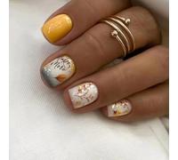 Ceboic 24Pcs Short Press on Nails, Square Removable Cute False Nails With Adhesive Tabs, Gold Autumn Leaves Full Cover Acrylic Stick on Nails French Manicure Kit for Women Girls