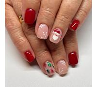 Ceboic 24Pcs Short Square Christmas French Fake Nails, Pink Red Glossy Press on Nails, Santa Claus Acrylic False Nails, Xmas Tree Snowflakes Artificial Stick on Nail for Women Girls Holiday Decoration