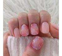 Ceboic 24Pcs Short Square French Press on Nails Pink Marble False Nails with Gold Glitter Designs, Acrylic Artificial Reusable Fake Nails for Women and Girls