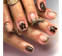 Ceboic 24Pcs Short Square Press on Nails, Brown Leopard Print False Nails, 3D Gold Line & Flower Design Fake Nails, Acrylic Full Cover Stick on Nail for Women and Girls Manicure Decoration