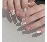 Ceboic 24Pcs Square False Nails Short, Nude and White French Press on Nails Tulip Flower Pattern, Glossy Removable Glue on Nails with Glue Stickers, Acrylic Full Cover Stick on Nails for Women