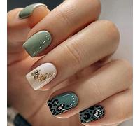 Ceboic 24Pcs Square Green Leopard Print French Tip Press On Nails, Glossy Acrylic Full Cover Stick On Nails, 12 Sizes, 24 Pieces, 1 Pack