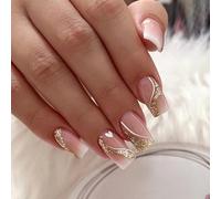 Ceboic 24Pcs Square Press on Nails, Nude Pink French False Nail, Gold Glitter Acrylic Fake Nails with Love Heart, Removable Medium Glue on Nail, Reusable Elegant Stick on Nails for Women Daily Use