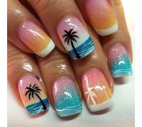 Ceboic 24Pcs Square Press on Nails, Pink and Blue Gradient Fake Nails, Ocean Wave Coconut Trees Glitter False Nails, Summer Vacation Acrylic Full Cover Stick on Nails for Women and Girls Manicure Art