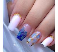 Ceboic 24Pcs Square Short False Nails Glitter Press on Nails French Tips Blue Shards Glue on Nails with Nail Glue Stickers Removable Artificial Fake Nails for Women Girls Nail Art, Pack of 1