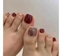 Ceboic 24Pcs Square Stick on Toenails, Short French Press on Toenails, Wine Red Fake Toenails Artificial Reusable Glue on Toe Nails, Glossy Glitter False Toenails for Women Girls Pedicure Decorations