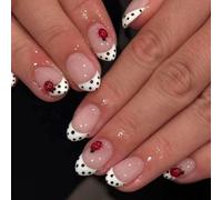 Ceboic 24Pcs White French Press on Nails Short Almond, Nude Pink Glossy False Nail with Polka Dots, Cute Ladybug Artificial Full Cover Fake Nails, Natural Reusable Stick on Nails for Women and Girls