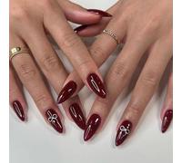 Ceboic 28Pcs French Press on Nails, Wine Red False Nails Almond, Glossy Acrylic Fake Nail with Bow Design, Elegant Full Cover Artificial Glue on Nail, Reusable Stick on Nails for Women Party Wear