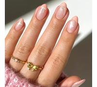 Ceboic 30 Pcs French Tips Press on Nails, Short Almond Creamy Pink Fake Nails, Pearl Bow Luxury Acrylic False Nails, Stars Glitter Elegant Reusable Stick on Nails for Women and Girls DIY Manicure