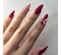 Ceboic 30Pcs Almond False Nails Medium, Wine Red Press on Nails with 3D Pink Bow Design, Cute Cherry Acrylic Full Cover Fake Nail, Elegant Reusable Stick on Nails for Women Girls Finger Daily Wear