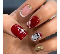 Ceboic 30Pcs Christmas Press on Nails Square Medium, French Tips Fake Nails, Acrylic Full Cover False Nails with Snowflake Penguin Designs, Gold Glitter Reusable Stick on Nail for Women Holiday Wear