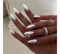 Ceboic Aurora Silver Press on Nails Almond Medium Length French Tip False Nails Glossy Pure Color Gel Fake Nails Glitter Reusable Full Cover Acrylic Stick on Nails for Women Daily Holiday Wear 24 Pcs