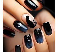 Ceboic Black French False Nails Short Square, Glitter Starry Sky Press on Nails with Cute Cat Design, Acrylic Gel Fake Nails Set, Reusable Natural Stick on Nail for Women Finger Decoration 24PCS