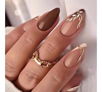 Ceboic Brown Press on Nails Almond, French False Nails Medium Length Fake Nails with Leaf Design, Glossy Full Cover Glue on Nails Artificial Oval Stick on Nail for Women Nail Art Decorations