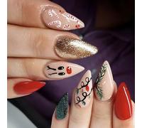 Ceboic Christmas Press on Nails Almond - 24Pcs Medium French False Nails Glitter Winter Xmas Glue on Nails with Cute Elk Candy Cane Designs - Stiletto Acrylic Removable Stick on Nail for Women Girls