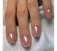 Ceboic Chrome Press on Nails Short Square, Nude Pink French Tip False Nails, Glossy Solid Color Acrylic Fake Nails Set, Removable Elegant Gel Stick on Nail for Women Daily Party Wedding Wear