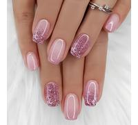 Ceboic Elegant French False Nails Short Square, Pink Gradient Press on Nails with Glue Stickers, Glitter Acrylic Gel Fake Nails Set, Full Cover Stick on Nail for Women Finger Decoration 24PCS