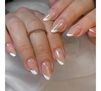 Ceboic False Nails Short, 24Pcs Almond French Tip Press on Nails, Removable Acrylic Fake Nails, Elegant Stick on Nail with White Beveled Edge Designs for Women and Girls - French Glitter Line