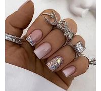 Ceboic False Nails Short, 24Pcs Square Ballerina Press on Nails, Glossy Gradient French Tip Fake Nails, Acrylic Full Cover Stick on Nail with Glitter Sequins Designs for Women and Girls Nail Art