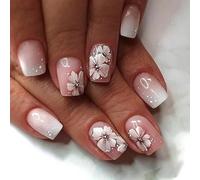 Ceboic Floral French Press on Nails Short Square, Nude Pink Gradient False Nails with Flowers Design, Acrylic Gel Fake Nails, Natural Full Cover Stick on Nail for Women Daily Party Wedding Wear 24PCS