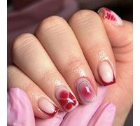 Ceboic Floral French Tip Press on Nails Short Square, Glossy Red Flowers False Nails, Elegant Acrylic Gel Fake Nails, Reusable Natural Full Cover Stick on Nail for Women Daily Party Wedding Wear 24PCS