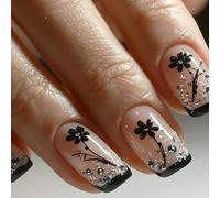 Ceboic French Black Tip False Nails Short, Cute Flowers Press on Nails Nude, Square Glitter Acrylic Gel Fake Nails Set, Reusable Natural Glue on Nail for Women Finger Decoration 24PCS, Easy To Use