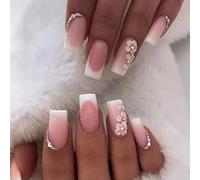 Ceboic French False Nails, Flower Press on Nails Medium Length, White Tip Square Acrylic Stick on Nails with Rhinestones Design, Removable Elegant Fake Nails for Women Girls Nail Art Accessories