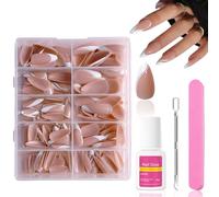 Ceboic French Press on Nails Almond, 240Pcs Medium Long White Stripes False Nail Kit, Nude Pink Full Cover Stick on Nails with Glue, Stiletto Acrylic Fake Nails Extensions for Women Girls Nail Art DIY