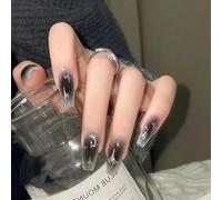 Céboic French Press On Nails Long, Grey Tip Coffin False Nails with Star Moon Design, 24pc Full Cover Acrylic Stick On Nails for Elegant Women & Girls Manicure Decorations