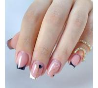 Ceboic French Press on Nails Short, 24Pcs Square Black Love Heart False Nails, Artificial Fake Nails with Gold Lines, Natural Full Cover Acrylic Stick on Nail for Women Girls DIY Manicure