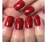 Ceboic French Tip Press on Nails Short Square, Glitter Cherry Red False Nails, Glossy Solid Color Acrylic Gel Fake Nails, Reusable Natural Full Cover Stick on Nail for Women Daily Wedding Wear