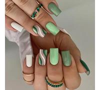 Ceboic French Tip Press on Nails - Square Medium Length with Green Stripes, Glossy Acrylic Full Cover for Natural Looking, Reusable Stick on Design for Women