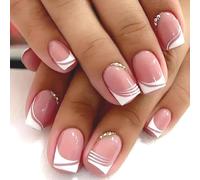 Ceboic Pack of 24 Short Press On Nails, Pink French Artificial Nails, Square Fingernails for Sticking with Glitter Rhinestones, Full Cover Acrylic Nails, Removable False Nails for Women and Girls