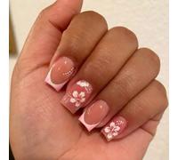 Ceboic Pink Press on Nails Short Square, White Flowers French Tip False Nails, Glossy Floral Acrylic Fake Nails Set, Removable Elegant Gel Stick on Nail for Women Daily Party Wedding Wear