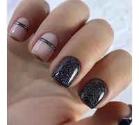 Ceboic Press on Nails Short, 24Pcs Square Ballerina French Tip False Nails, Acrylic Full Cover Stick on Nails, Reusable Shiny Fake Nail with Black Stripes Designs for Women and Girls Nail Art