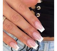 Ceboic Press on Nails Short Square, 24Pcs Medium Length French Tip False Nails, Glossy Acrylic Full Cover Fake Nails, Removable Nude Pink Stick on Nail with White Border Designs for Women and Girls