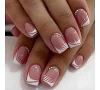 Ceboic Short False Nails Square, 24Pcs French Tip Press on Nails, Full Cover Acrylic Fake Nails, Glossy Removable Manicure Set with Rhinestones Designs for Women Girls Nail Art - Nude Pink