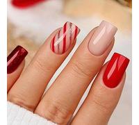 Ceboic Square Short Press on Nails, 24Pcs Glossy Ballerina French Tip False Nails, Acrylic Full Cover Stick on Nails with Red Stripes Designs, Reusable Nail Art Accessories for Women and Girls