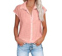 Ceboyel Shirts for Women Trendy Summer Cotton Linen Short Sleeve Tops Collared Button Down Causal Blouse Laides Clothing 2023, J07-pink, L