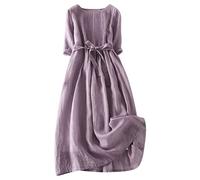 Ceboyel Women Bohemian Cotton Linen Dresses 3/4 Sleeve Maxi Long Dress Plain Classic Dresses Trendy Boho Dresses with Belt, Purple #3, M